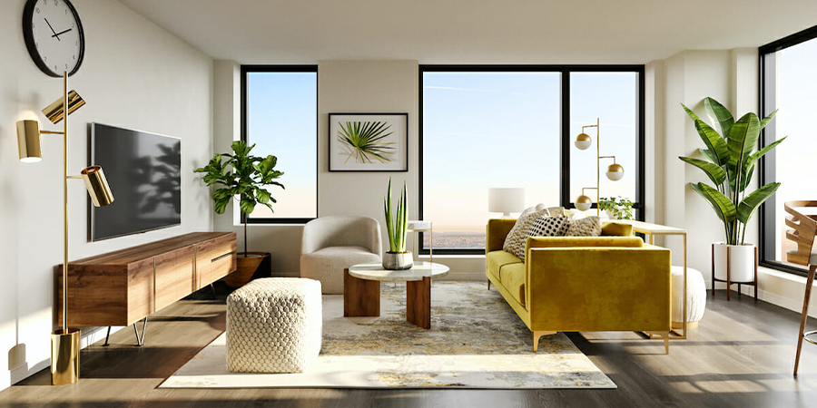 Modern living room with elegant Interior Decor and minimalist furniture