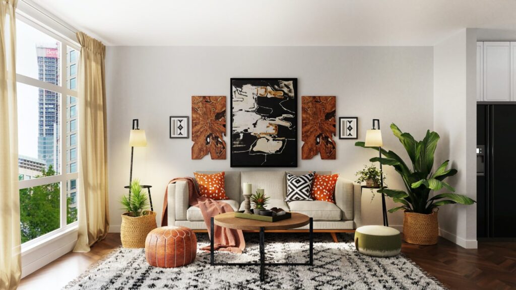 Custom Interior Decor setup featuring wall art, lighting, and cozy textures