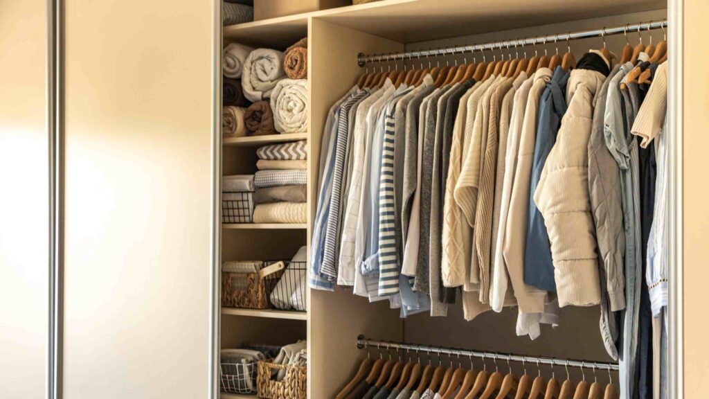 Modern sliding clothes cabinets with built-in LED lighting and sleek wooden finish